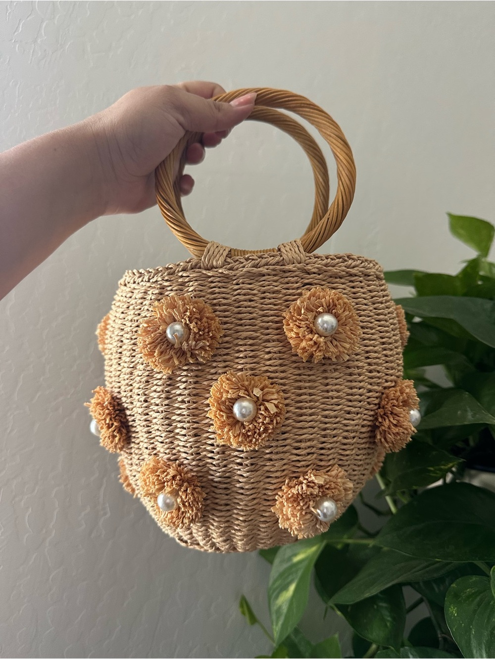 ZARA Woven Straw Handbag with Pearl Pom-Pom